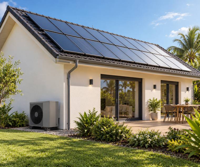 Pompe à chaleur et panneaux solaires installés sur une maison